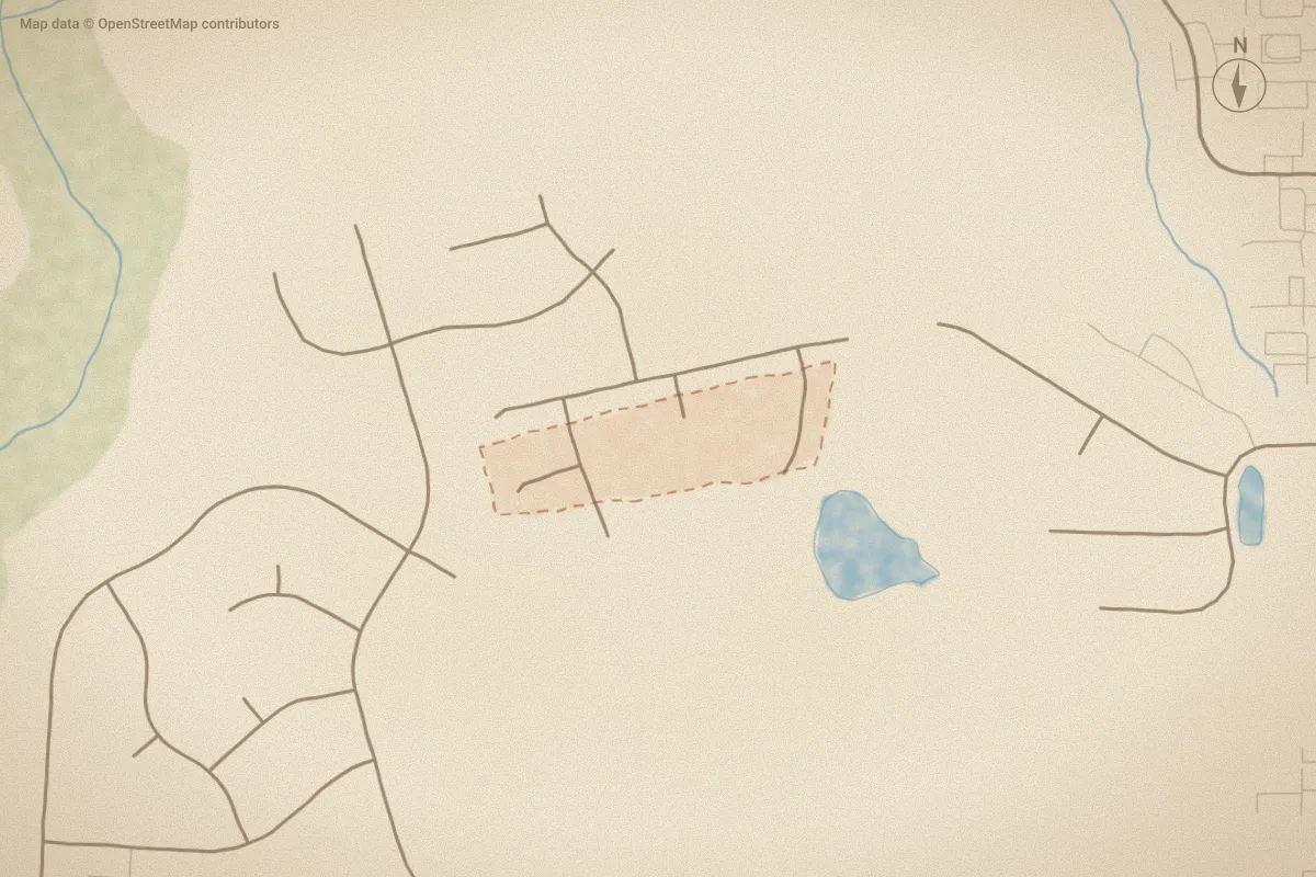 Watercolor map of Bright Leaf in Wilson, NC, showing its streets, water and surroundings