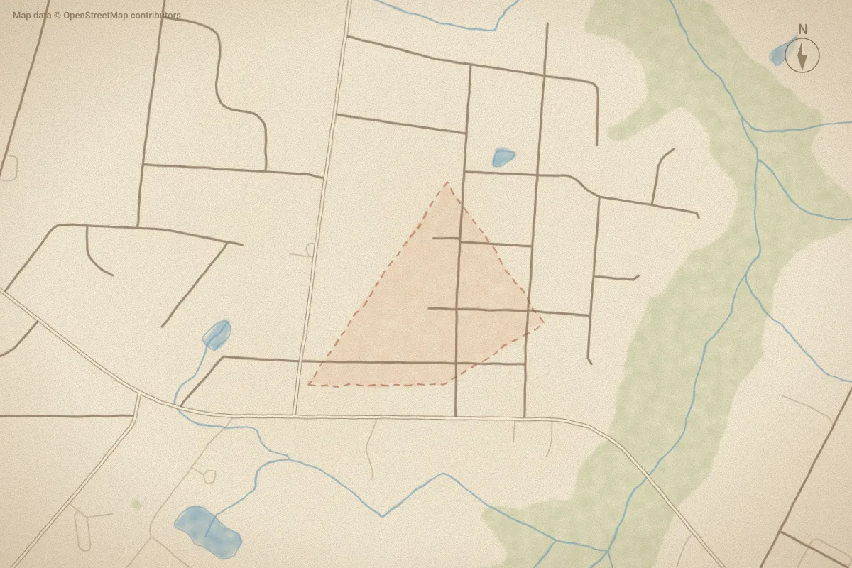 Watercolor map of Brites Meadows in Elizabeth City, NC, showing its streets, water and surroundings