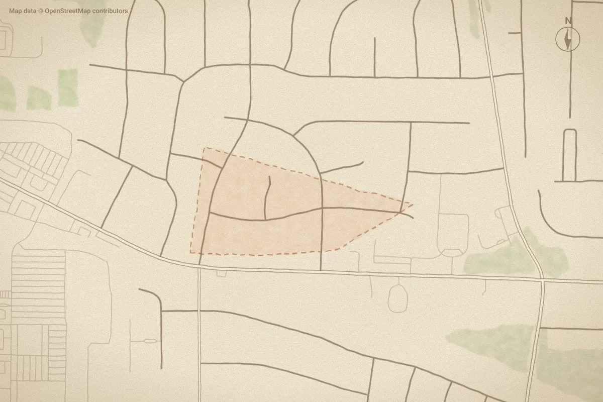 Watercolor map of British Woods in Wilson, NC, showing its streets, water and surroundings