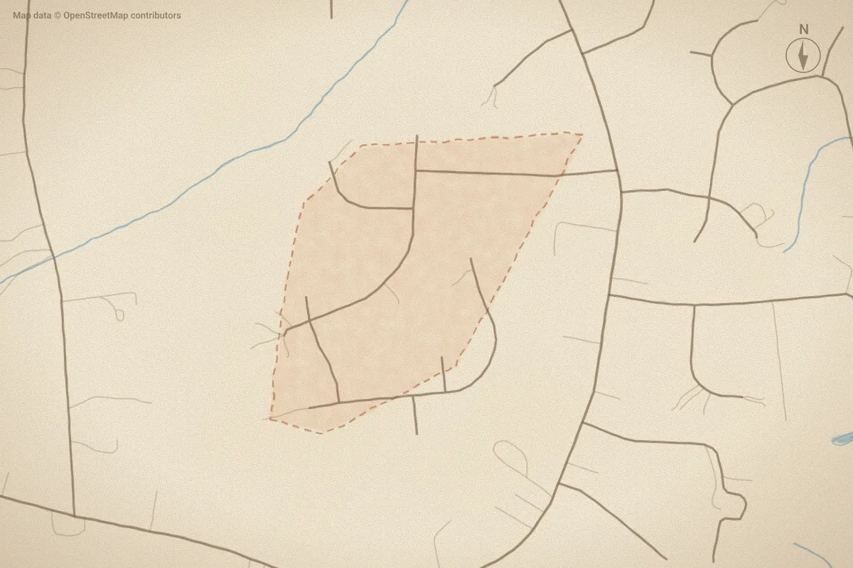 Watercolor map of Brittwood in Grimesland, NC, showing its streets, water and surroundings