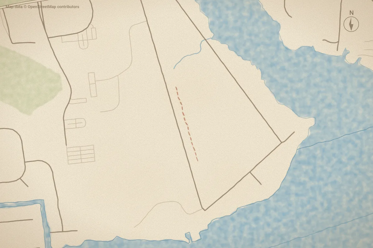 Watercolor map of Broad Ridge in Newport, NC, showing its streets, water and surroundings
