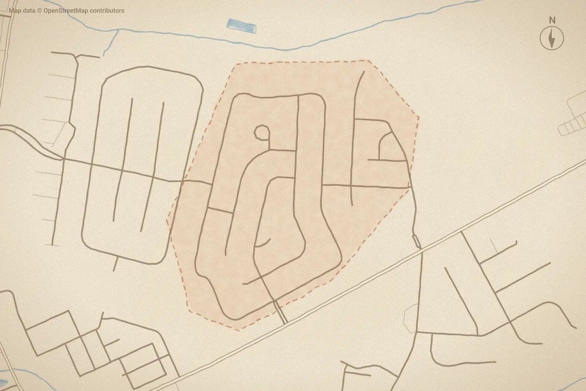 Watercolor map of Brook Hollow in Greenville, NC, showing its streets, water and surroundings