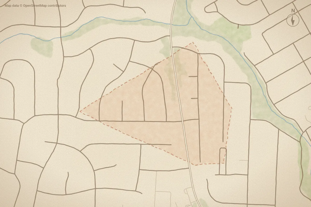 Watercolor map of Brookside II in Wilson, NC, showing its streets, water and surroundings