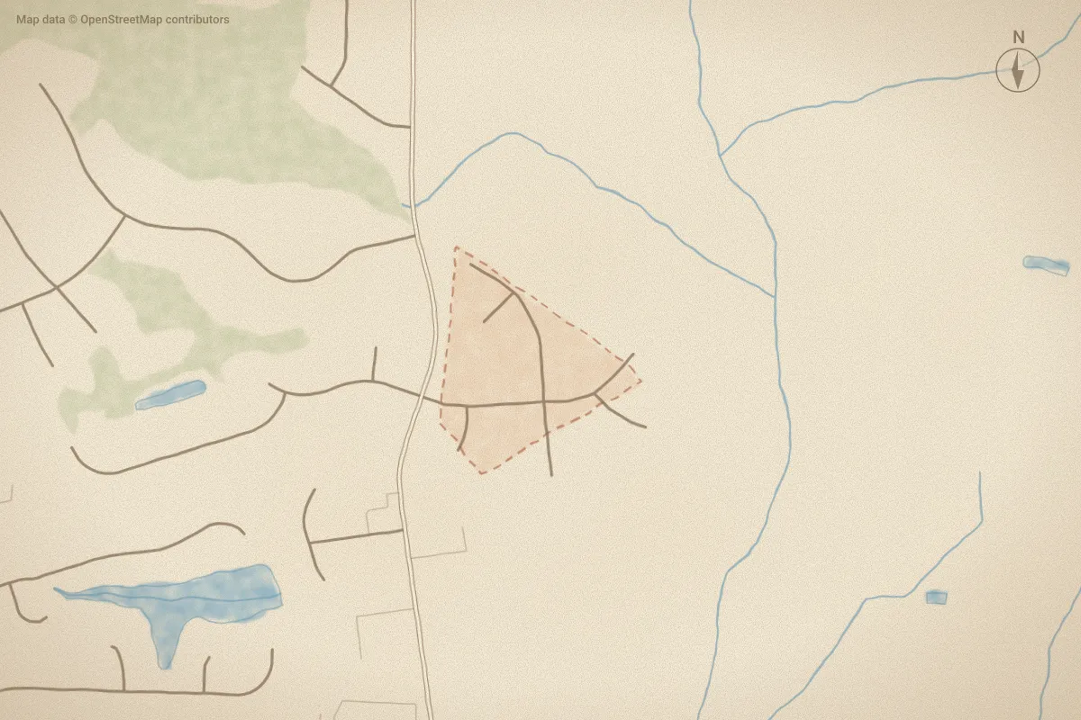 Watercolor map of Brookstone II in Wilson, NC, showing its streets, water and surroundings