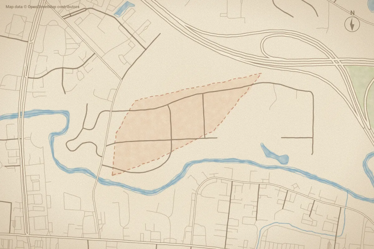 Watercolor map of Brookview in Rocky Mount, NC, showing its streets, water and surroundings