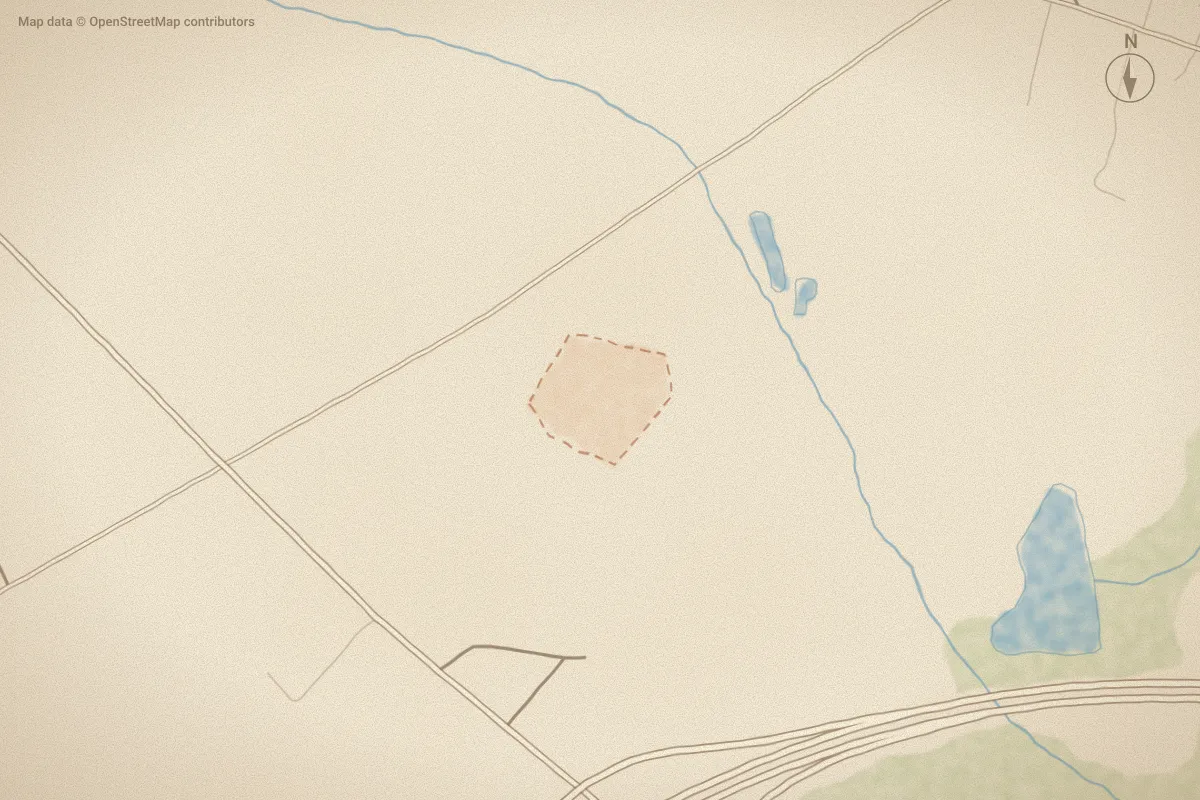 Watercolor map of Bynum Farms in Farmville, NC, showing its streets, water and surroundings