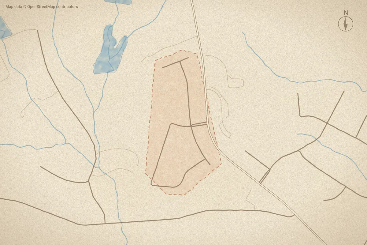 Watercolor map of Cabin Branch in Carthage, NC, showing its streets, water and surroundings