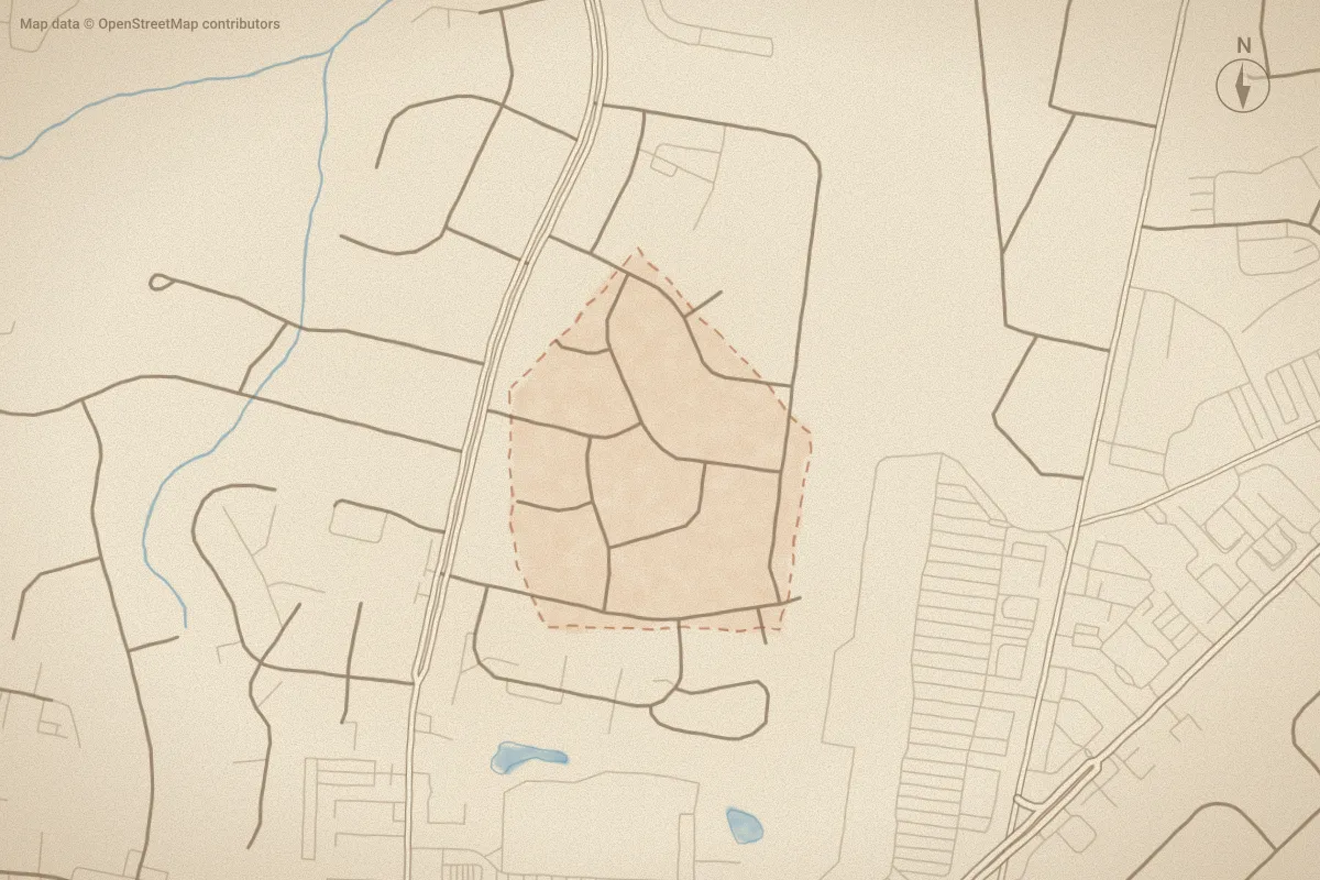 Watercolor map of Cambridge in Greenville, NC, showing its streets, water and surroundings