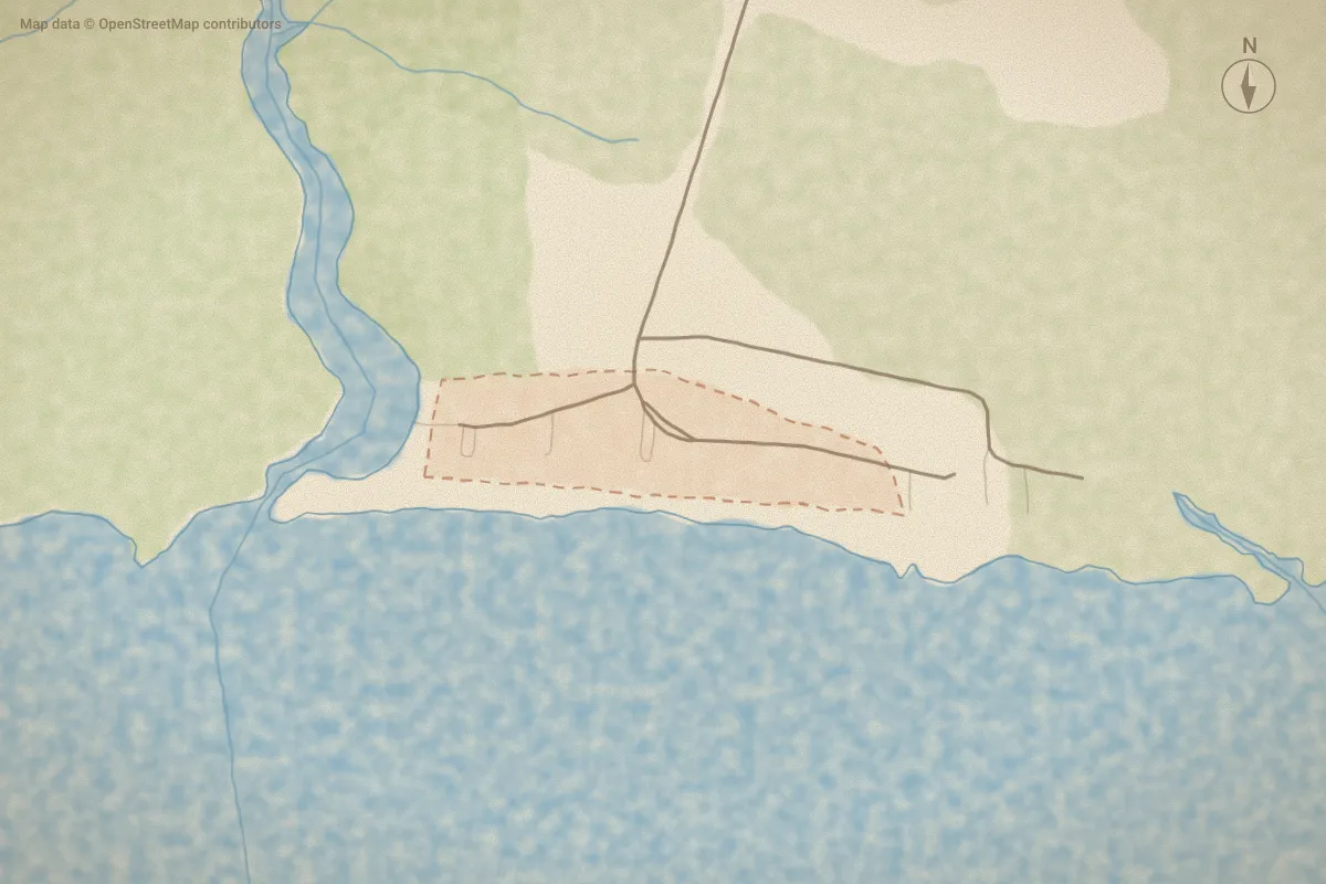 Watercolor map of Camp Leach Estates in Washington, NC, showing its streets, water and surroundings