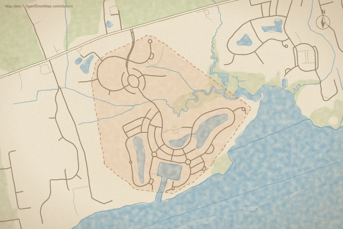 Watercolor map of Cannonsgate in Newport, NC, showing its streets, water and surroundings