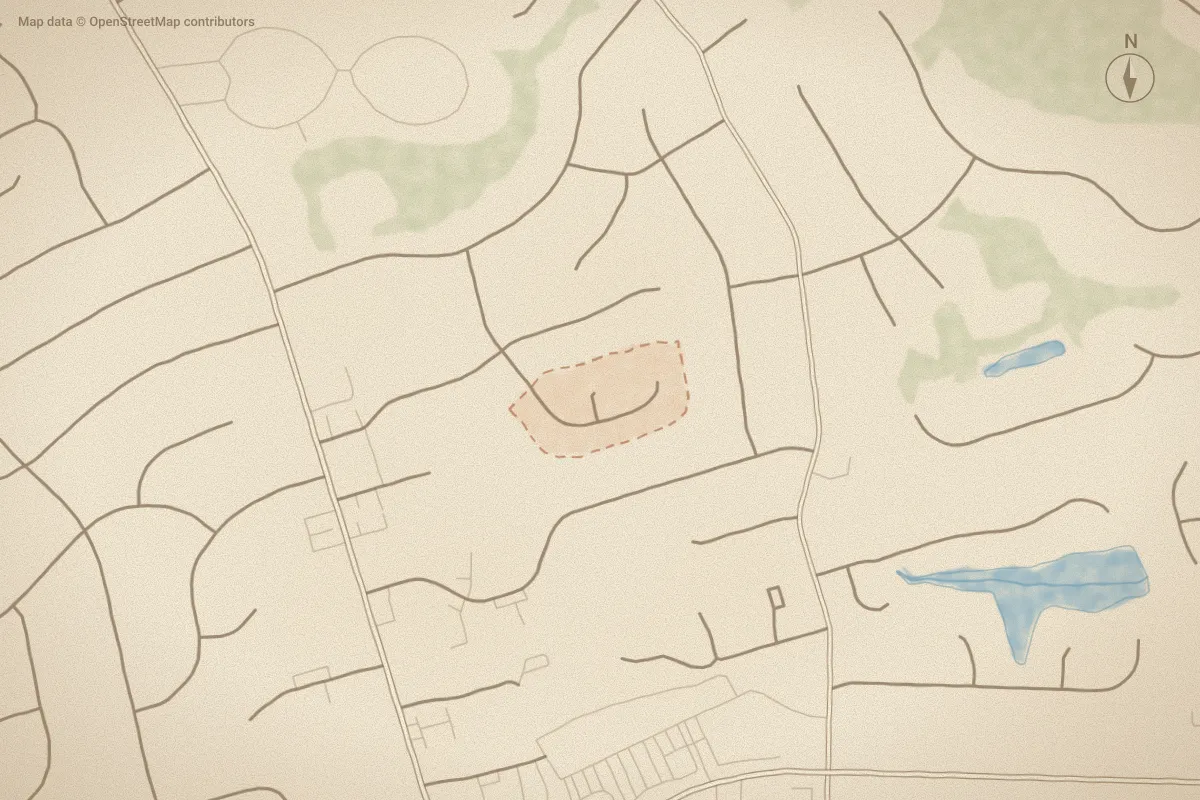 Watercolor map of Canterbury Park in Wilson, NC, showing its streets, water and surroundings