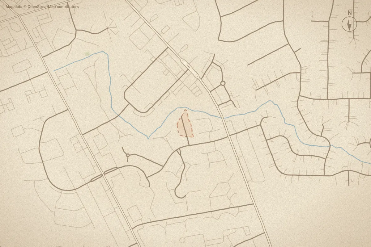 Watercolor map of Cape Pointe in Greenville, NC, showing its streets, water and surroundings