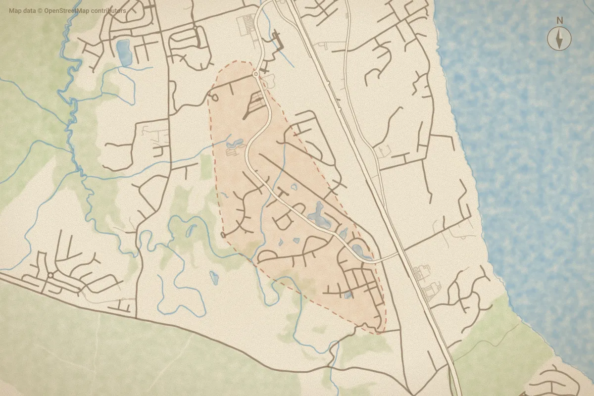 Watercolor map of Carolina Colours in New Bern, NC, showing its streets, water and surroundings