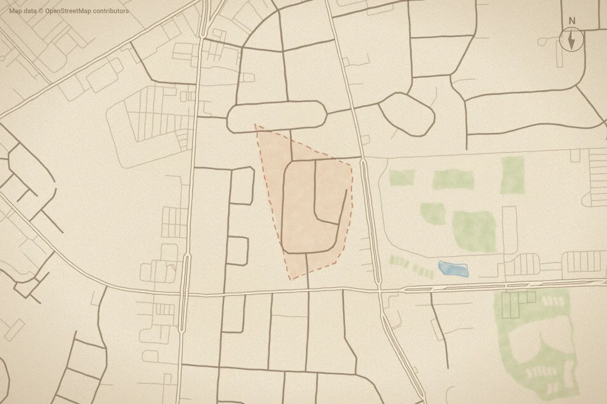 Watercolor map of Carolina Heights in Greenville, NC, showing its streets, water and surroundings