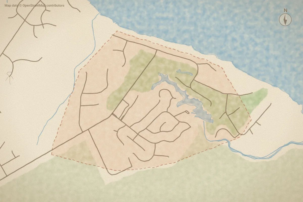 Watercolor map of Carolina Pines in New Bern, NC, showing its streets, water and surroundings