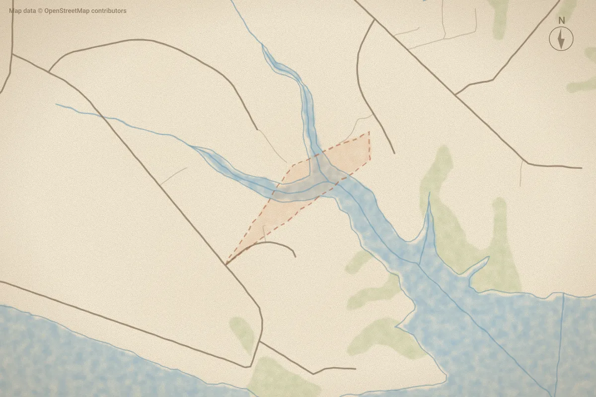 Watercolor map of Carolina Shores in Bath, NC, showing its streets, water and surroundings