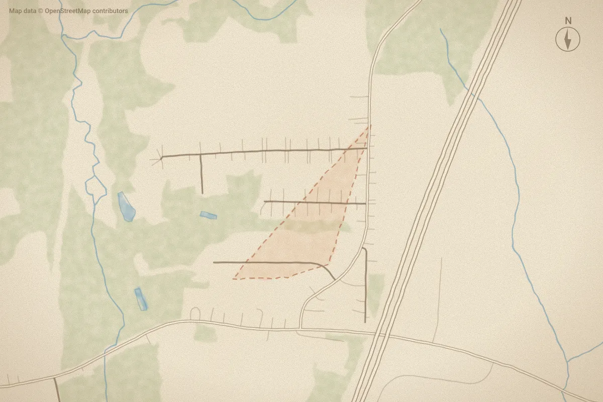 Watercolor map of Caroline's Way in Wilson, NC, showing its streets, water and surroundings