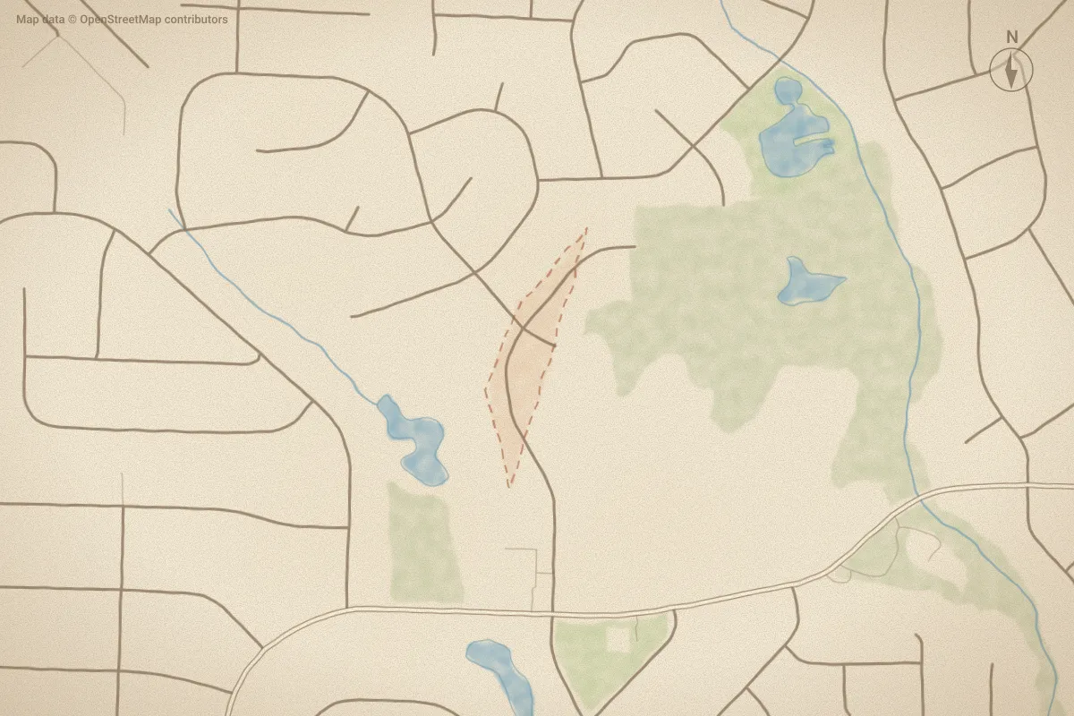 Watercolor map of Carr Farms in Wilson, NC, showing its streets, water and surroundings