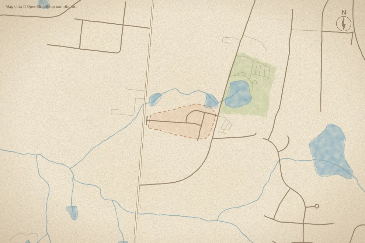 Watercolor map of Carriage Hills in Carthage, NC, showing its streets, water and surroundings