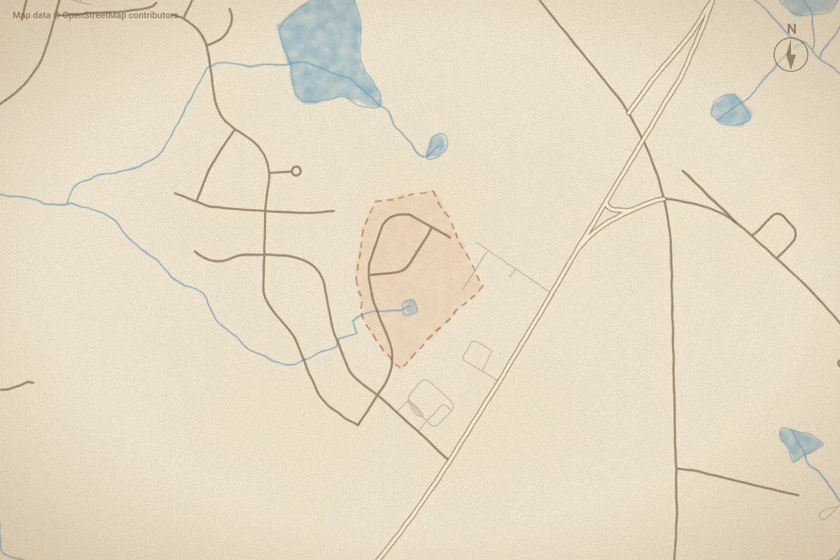 Watercolor map of Carriage Place in Carthage, NC, showing its streets, water and surroundings