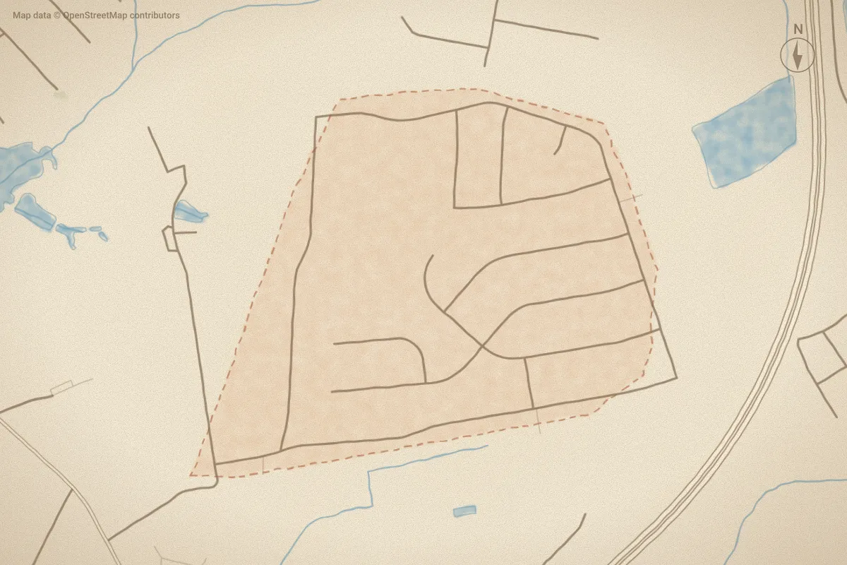 Watercolor map of Castle Oaks in Kinston, NC, showing its streets, water and surroundings