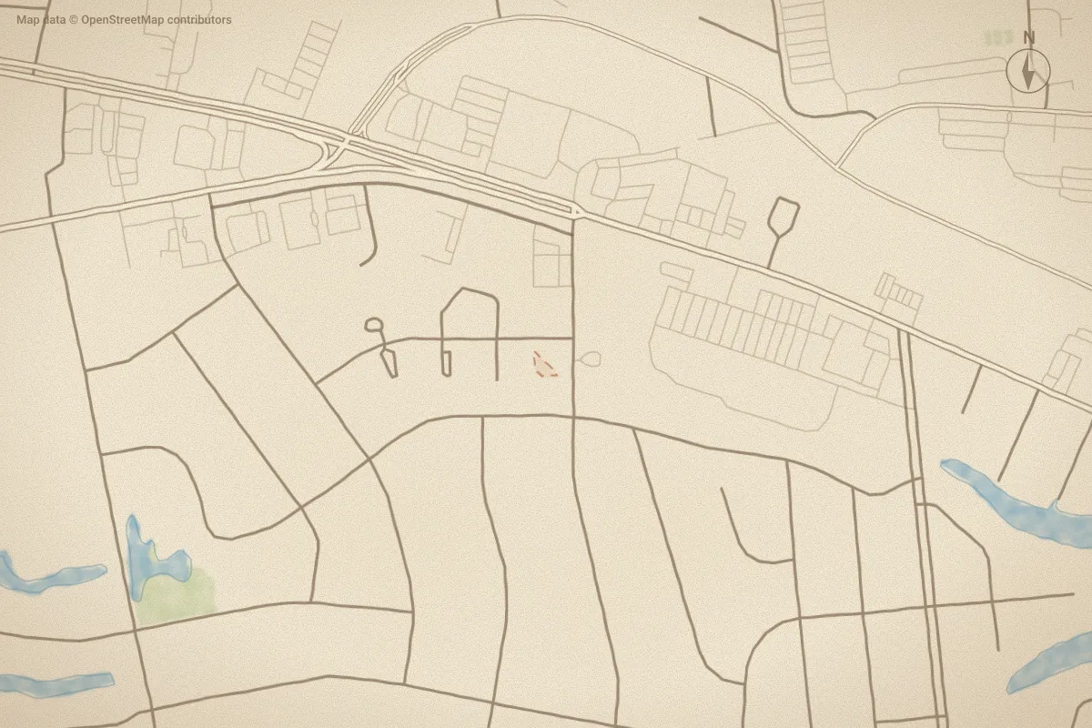 Watercolor map of Castle Ridge Condominiums in Morehead City, NC, showing its streets, water and surroundings