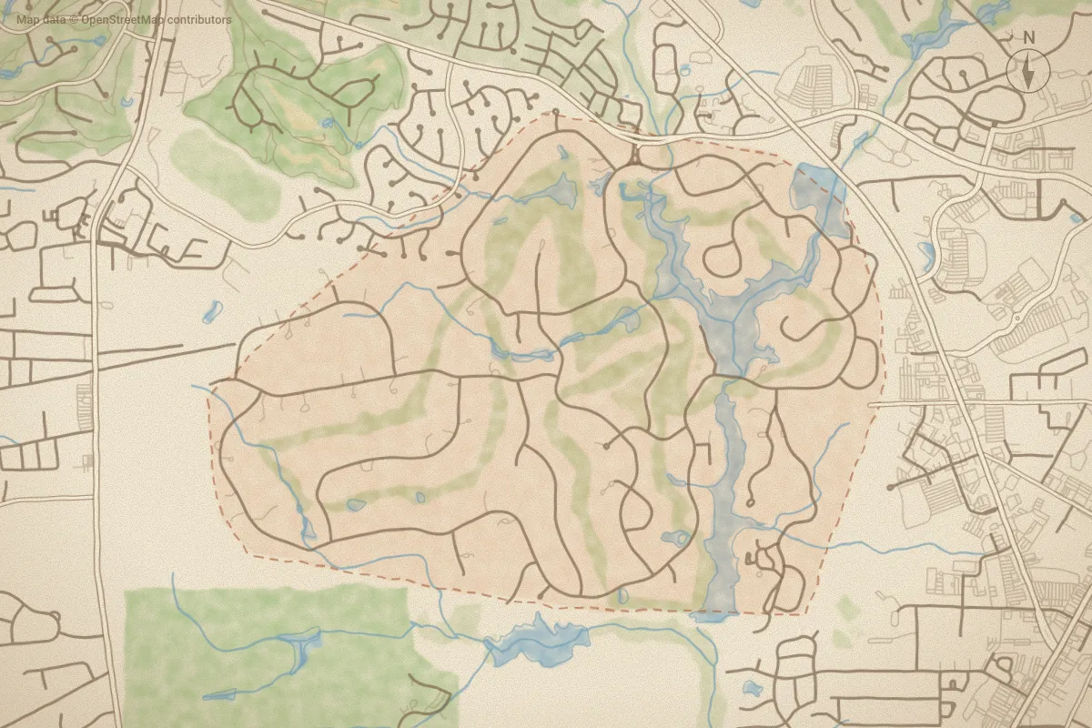 Watercolor map of CCNC in Pinehurst, NC, showing its streets, water and surroundings