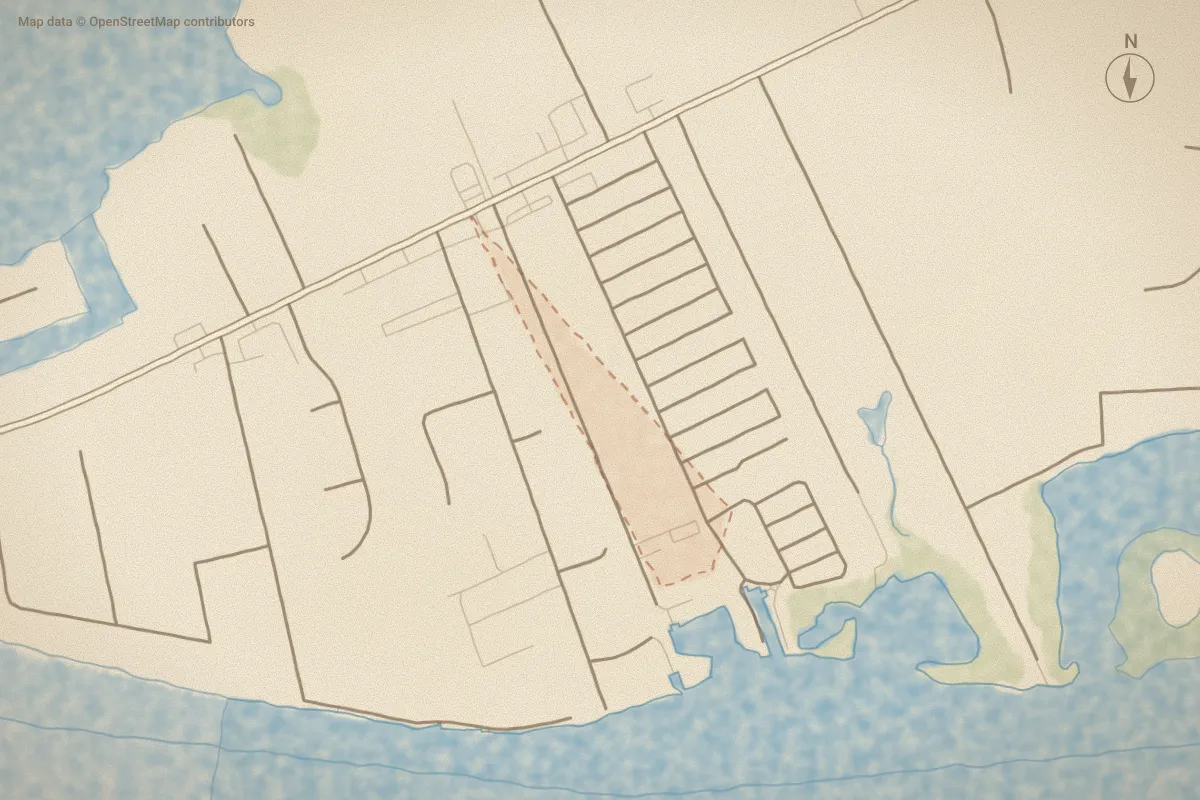 Watercolor map of Cedar Point Villas in Cedar Point, NC, showing its streets, water and surroundings
