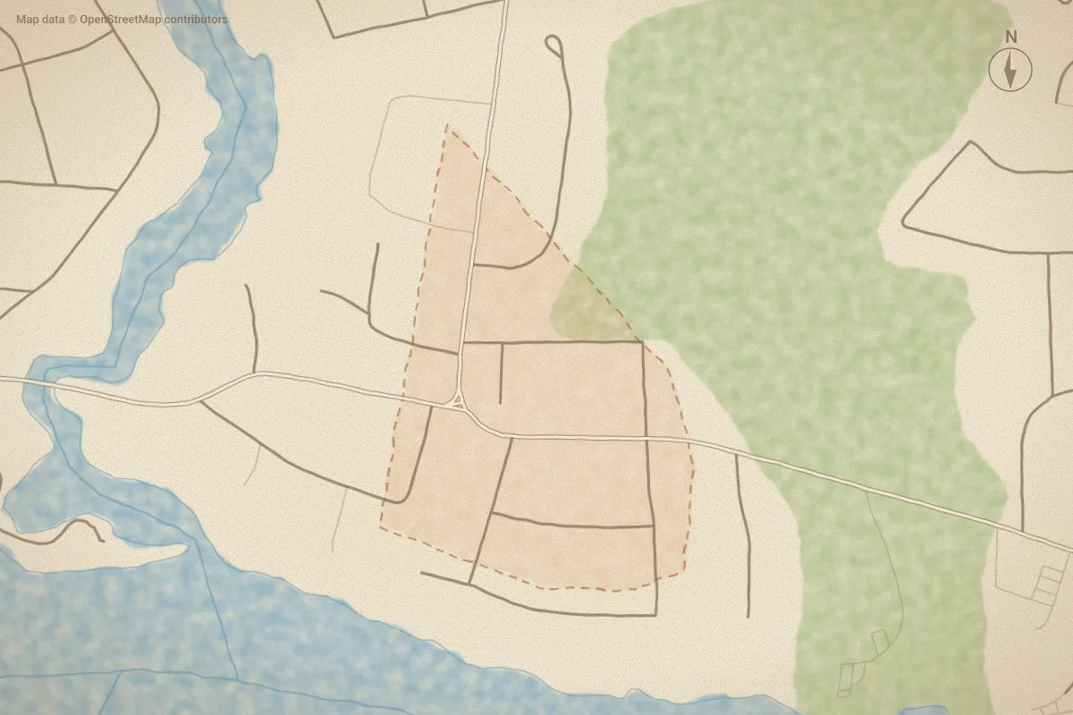 Watercolor map of Chelsea in New Bern, NC, showing its streets, water and surroundings