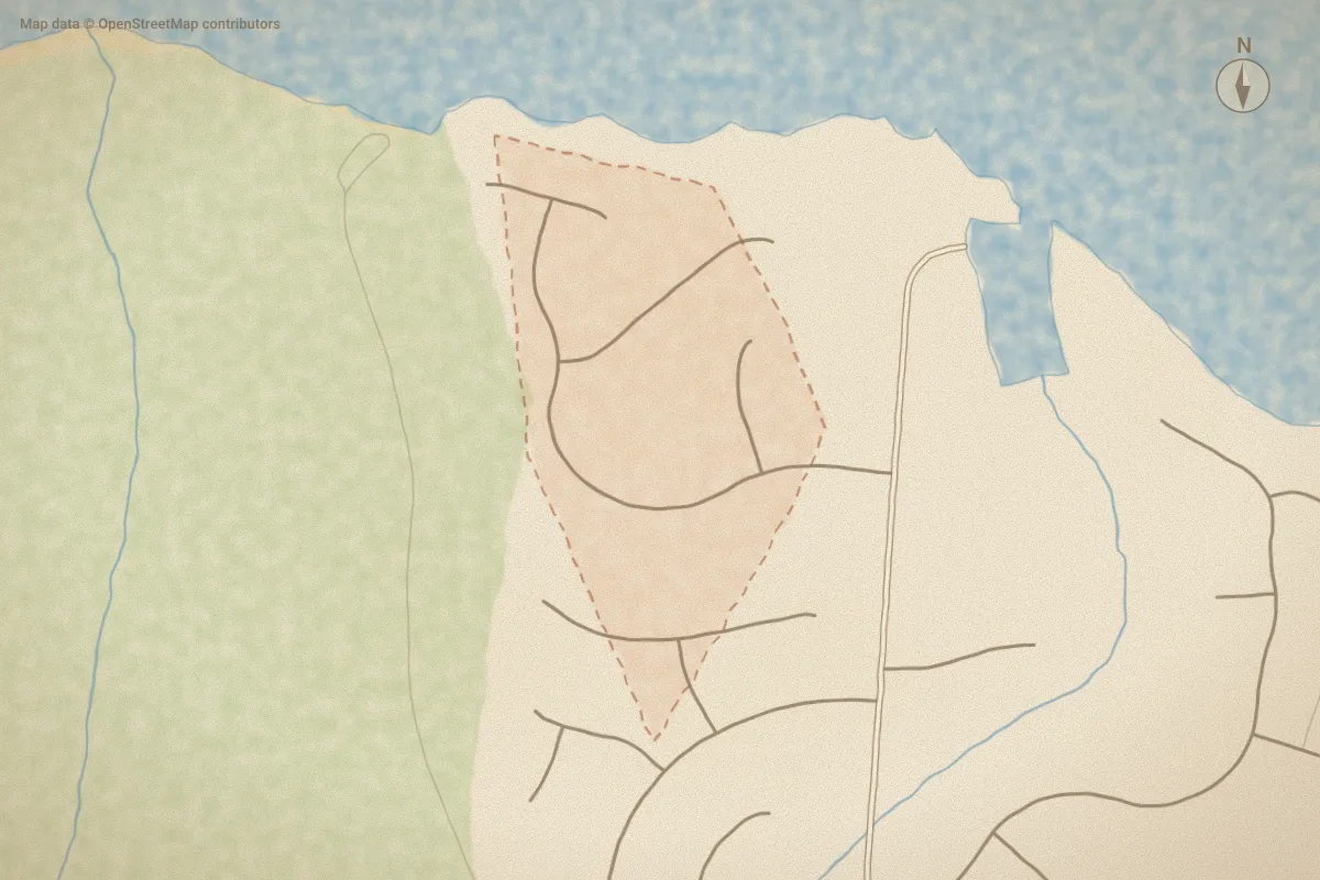 Watercolor map of Cherry Branch W in Havelock, NC, showing its streets, water and surroundings