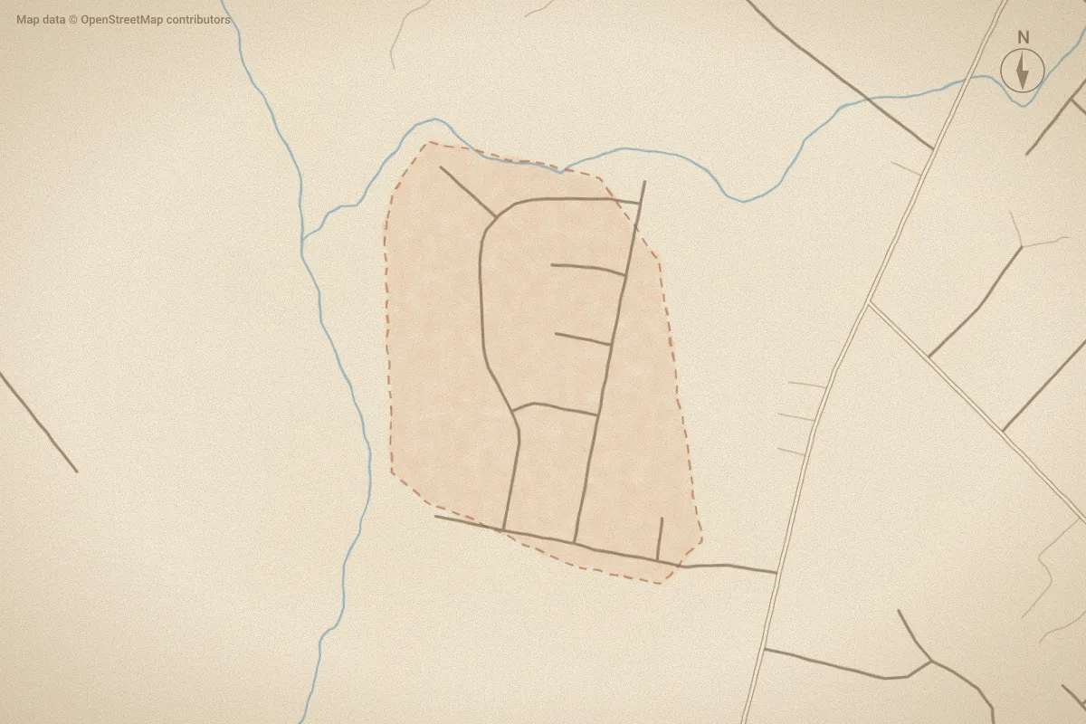 Watercolor map of Cherry Grove in Pikeville, NC, showing its streets, water and surroundings