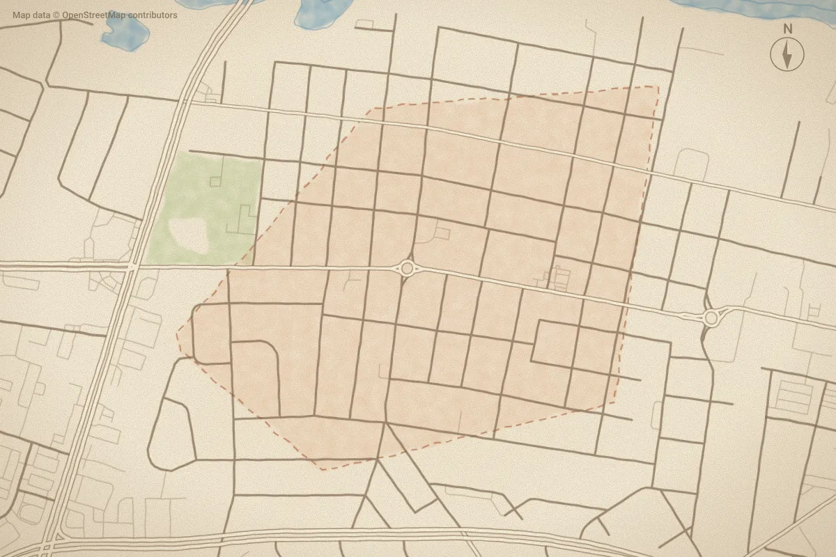 Watercolor map of Cherry View in Greenville, NC, showing its streets, water and surroundings