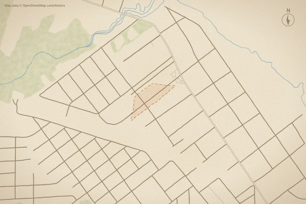 Watercolor map of Cleveland Park in New Bern, NC, showing its streets, water and surroundings