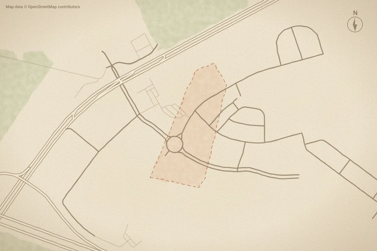 Watercolor map of Clock Road Townhomes in New Bern, NC, showing its streets, water and surroundings
