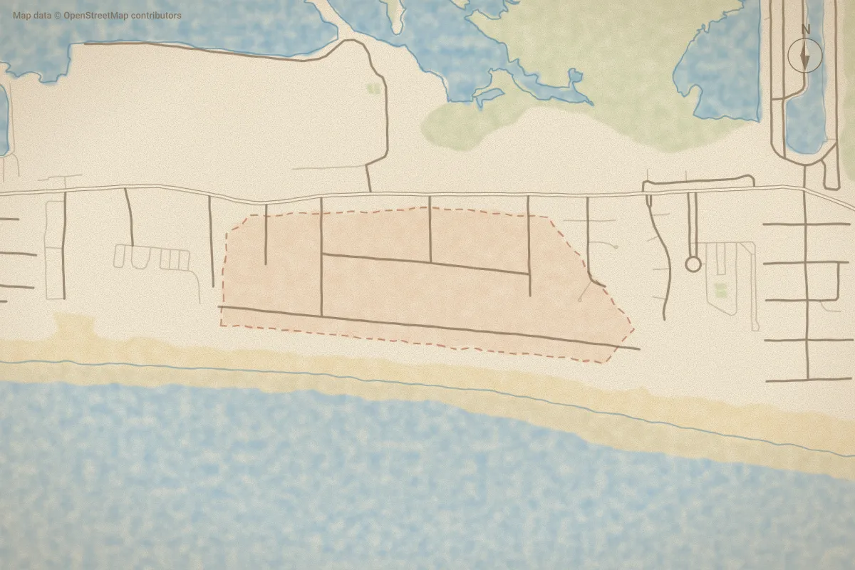 Watercolor map of Club Colony in Atlantic Beach, NC, showing its streets, water and surroundings