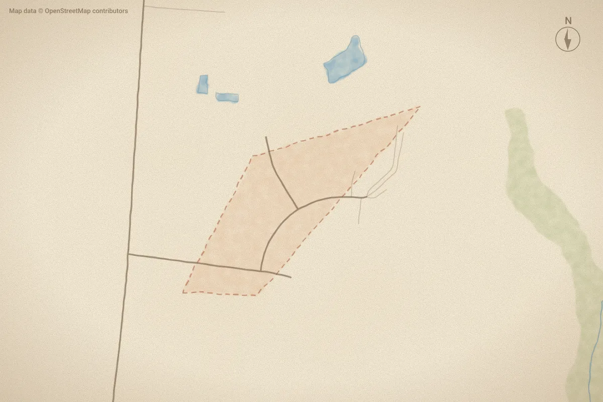 Watercolor map of Cobblestone in Elm City, NC, showing its streets, water and surroundings