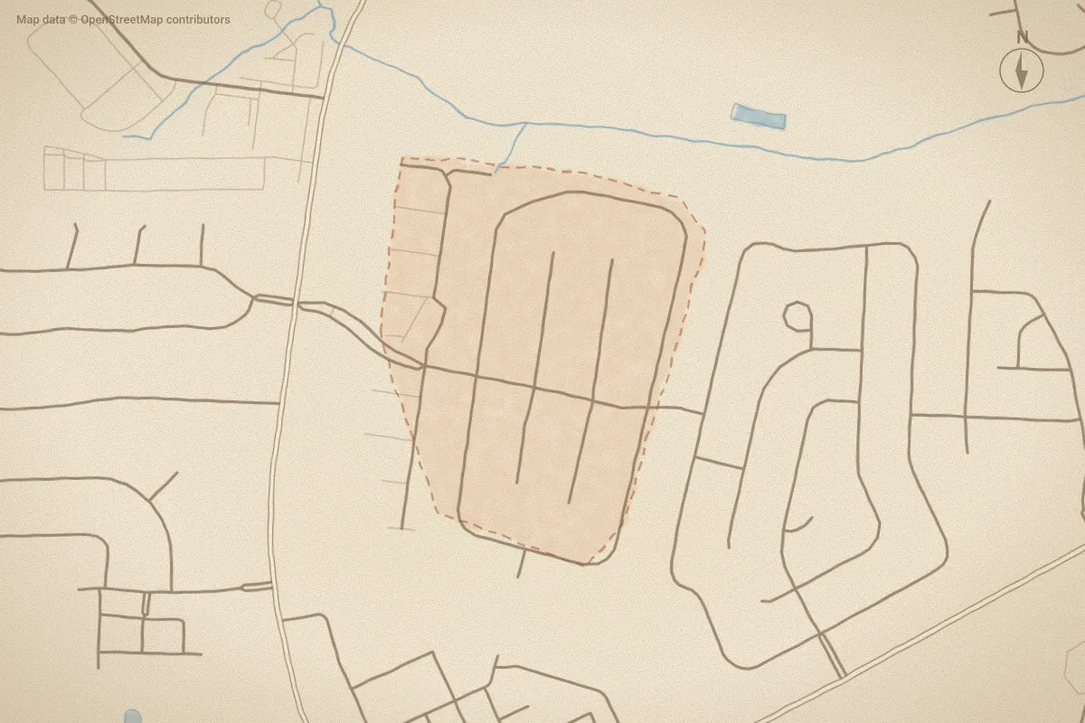 Watercolor map of Cobblestone in Greenville, NC, showing its streets, water and surroundings