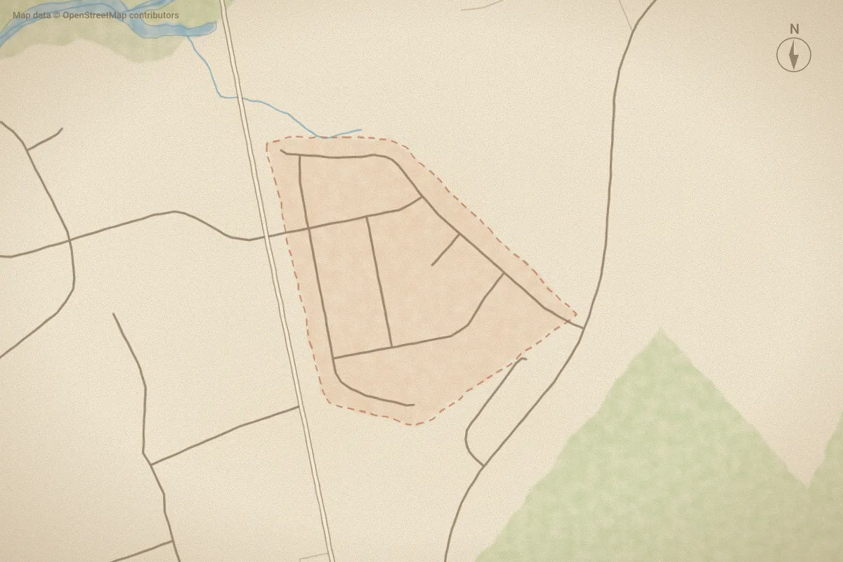 Watercolor map of Coldwater Creek in Swansboro, NC, showing its streets, water and surroundings