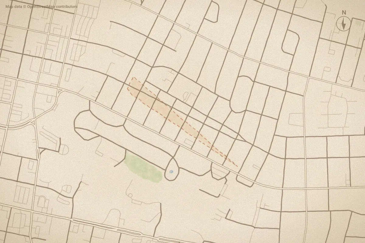 Watercolor map of College View in Greenville, NC, showing its streets, water and surroundings