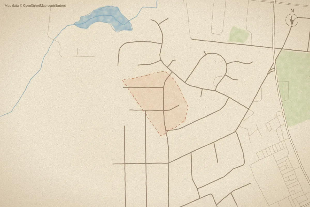 Watercolor map of Colonial Woods in Tarboro, NC, showing its streets, water and surroundings