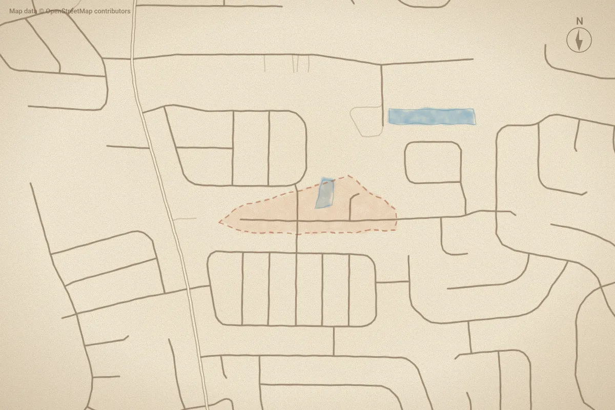Watercolor map of Colony Woods South in Winterville, NC, showing its streets, water and surroundings