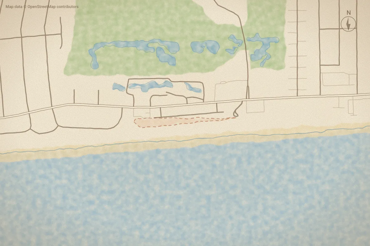 Watercolor map of Coral Bay West in Pine Knoll Shores, NC, showing its streets, water and surroundings