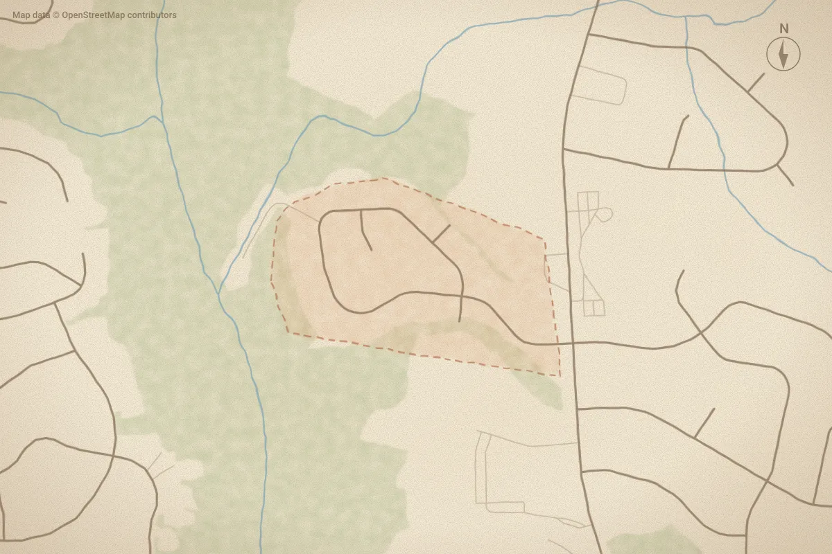 Watercolor map of Corey Ridge in Winterville, NC, showing its streets, water and surroundings