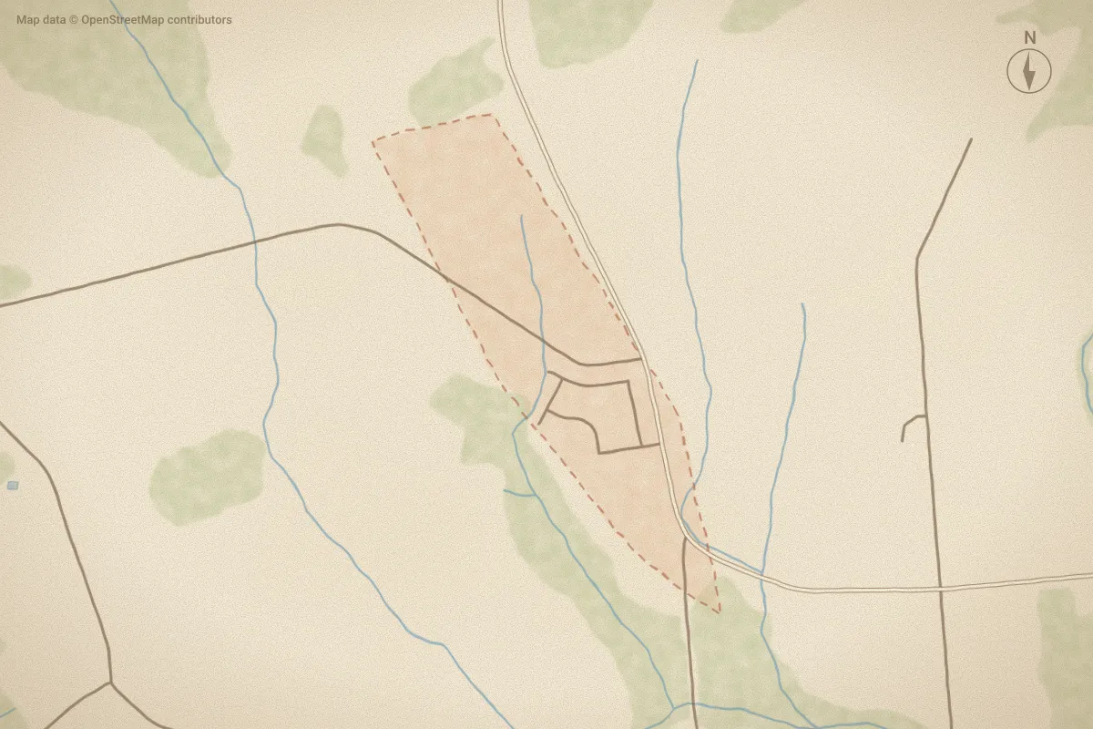 Watercolor map of Cottonwood in Tabor City, NC, showing its streets, water and surroundings