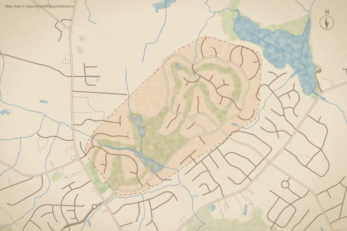 Watercolor map of Country Club Colony in Wilson, NC, showing its streets, water and surroundings