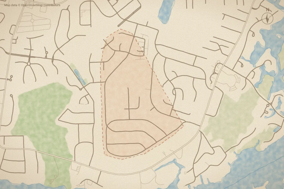 Watercolor map of Country Club Hills in New Bern, NC, showing its streets, water and surroundings