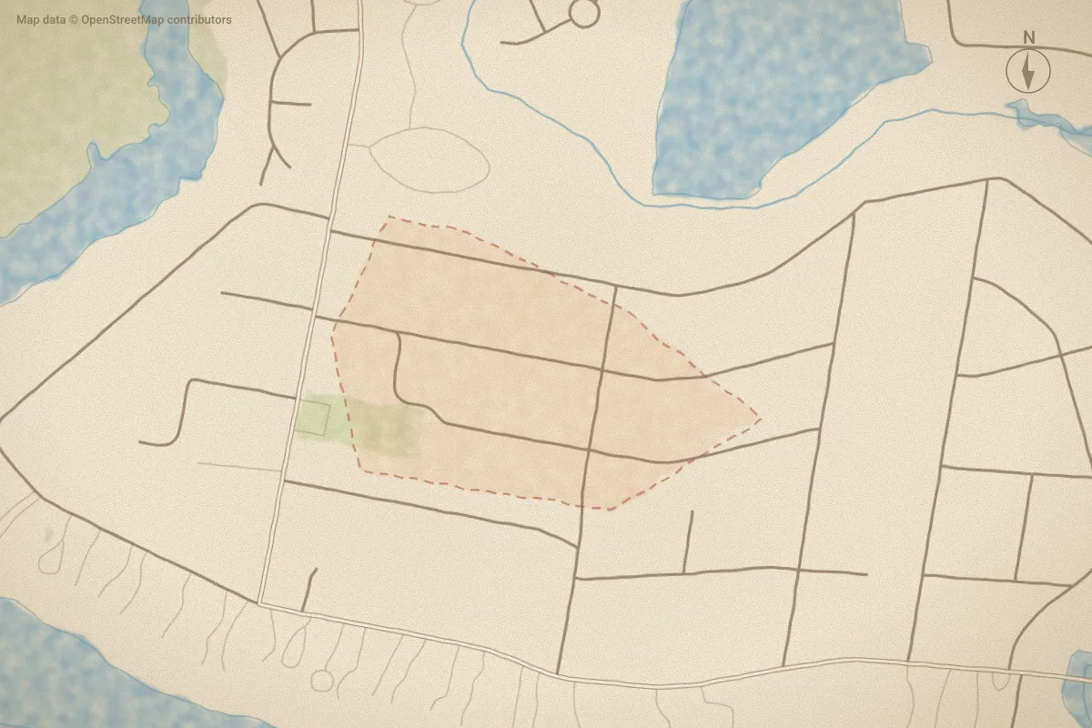 Watercolor map of Country Club Park in New Bern, NC, showing its streets, water and surroundings