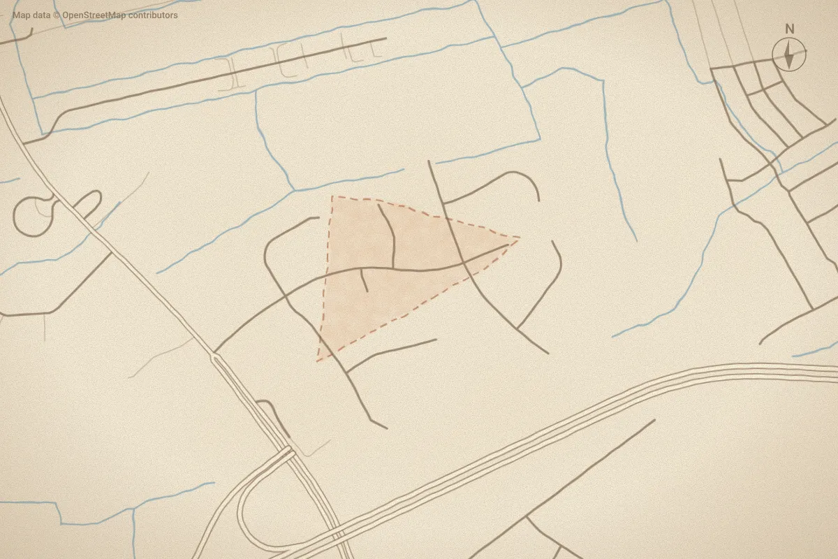 Watercolor map of Country Square Estates in Kinston, NC, showing its streets, water and surroundings