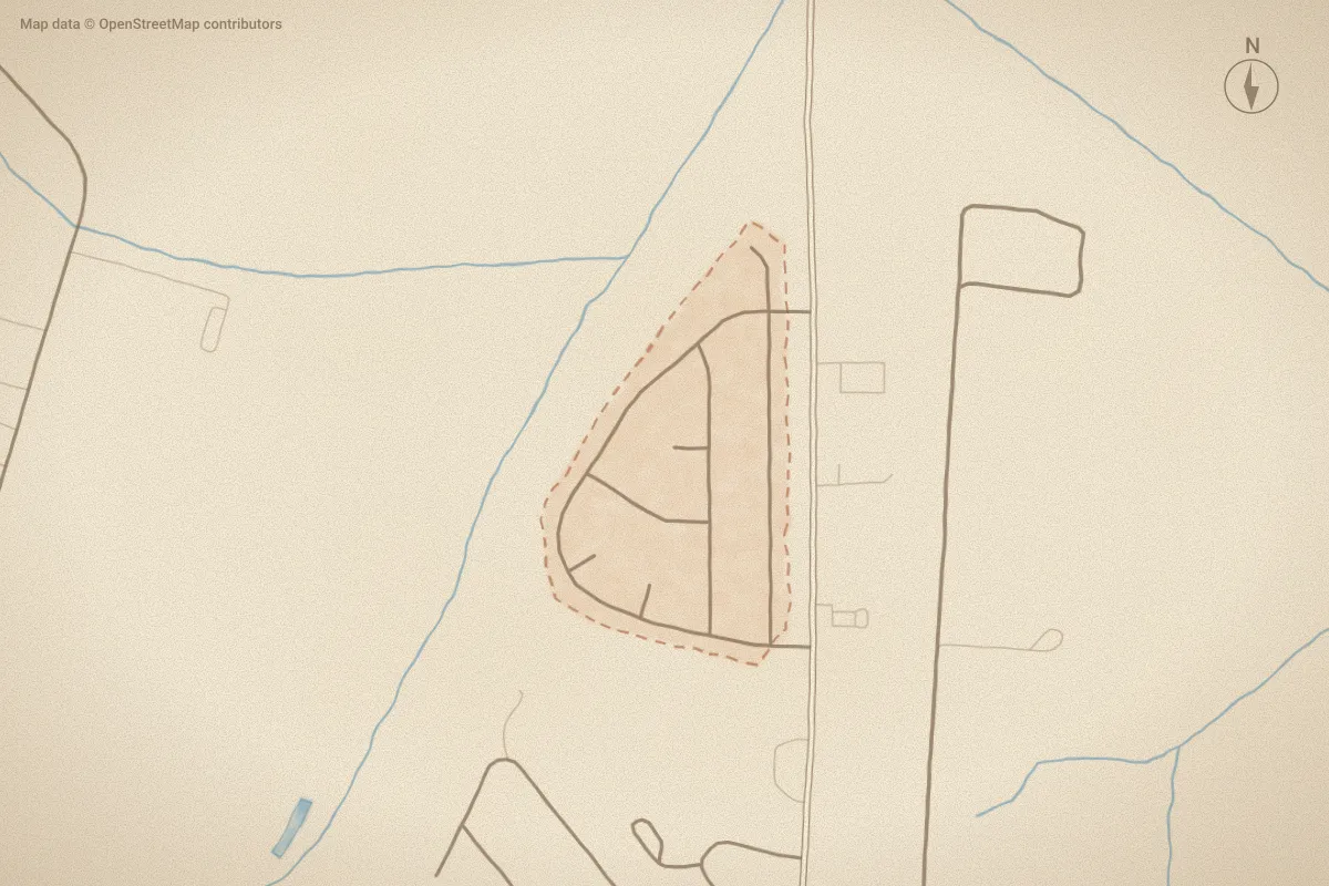 Watercolor map of Countryaire in Ayden, NC, showing its streets, water and surroundings