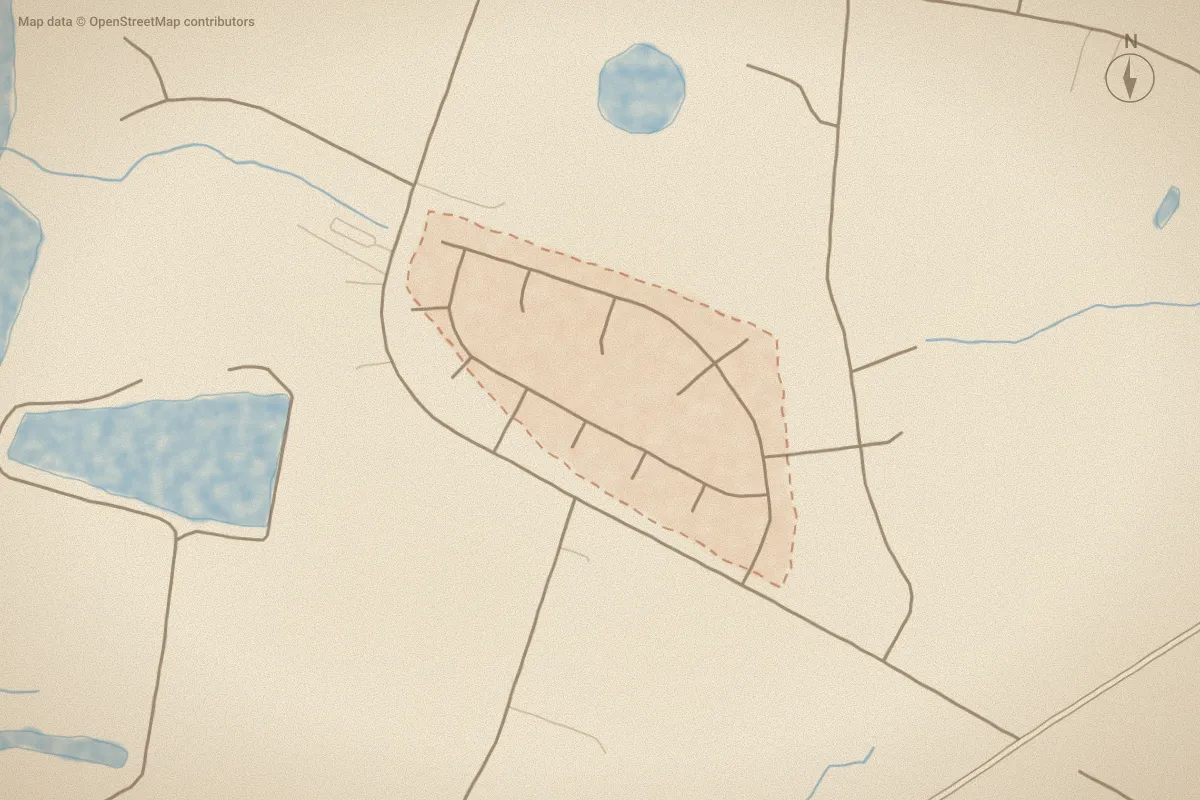 Watercolor map of Countryside Estates in Greenville, NC, showing its streets, water and surroundings